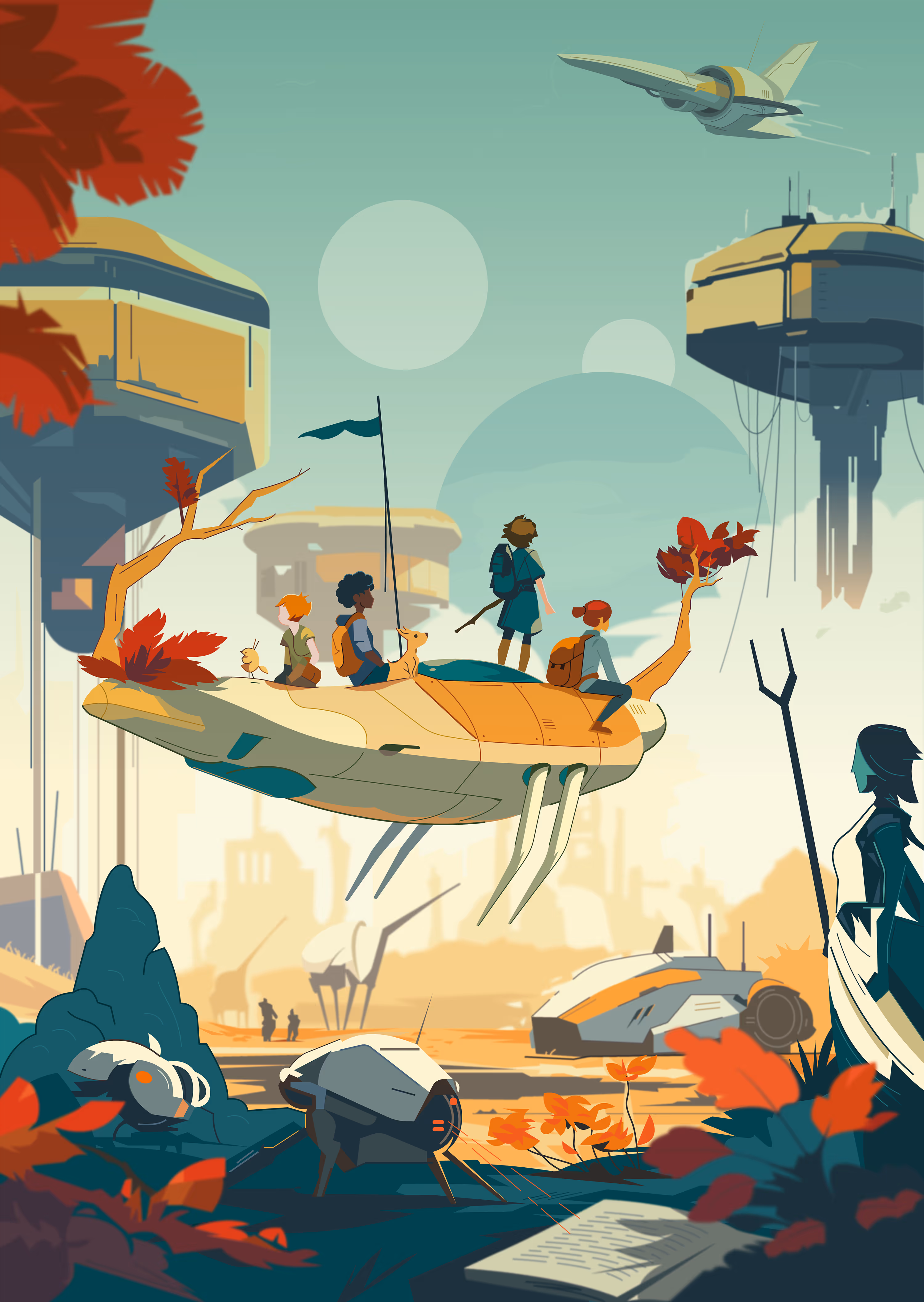 Futuristic scene with four children and a dog sitting and standing on a flying, tree-embellished vehicle over a sci-fi landscape with robots, buildings, and a flying craft.