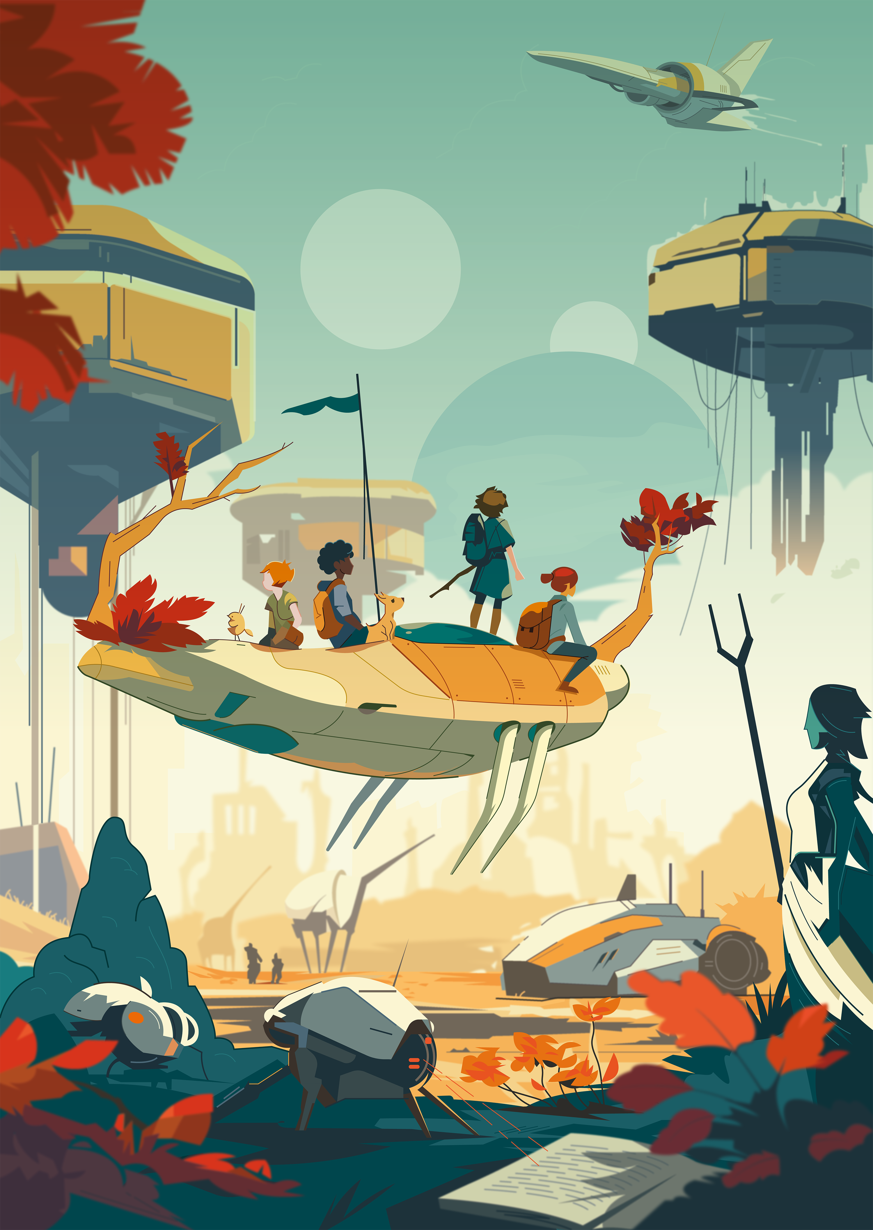 Futuristic scene with four children and a dog sitting and standing on a flying, tree-embellished vehicle over a sci-fi landscape with robots, buildings, and a flying craft.