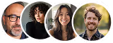 Four diverse individuals smiling, each shown in a close-up circular frame.