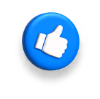 Blue circular button with white thumbs-up like icon casting a shadow.