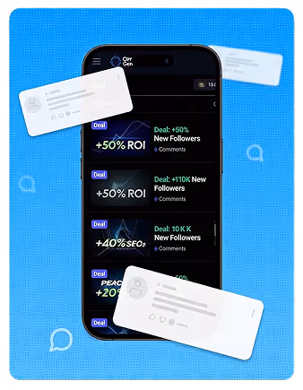 Smartphone screen showing deals offering increased ROI and new followers against a blue background with floating stylized message cards.