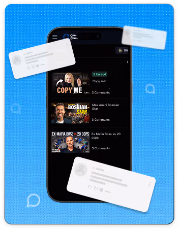 Smartphone screen displaying a social media feed with video posts titled 'COPY ME', 'Bosnian Star', and 'Ex-Mafia Boss vs 20 Cops' on a blue background with floating translucent comment boxes.