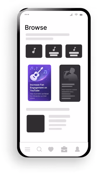 Mobile app screen showing a 'Browse' section with music-related cards, including one titled 'Increase Fan Engagement on YouTube' featuring a guitar image.
