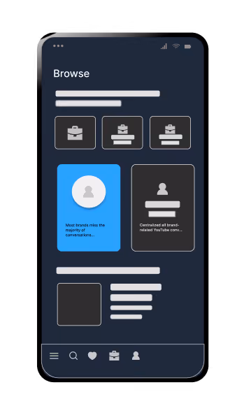 Mobile app interface showing a dark-themed Browse screen with icons for briefcases and user profiles, and a navigation bar with menu, search, favorites, briefcase, and user profile icons.