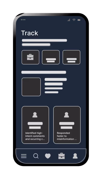 Mobile app screen titled 'Track' displaying a dashboard with three icon buttons at the top, a profile picture and text box in the middle, and two cards with user icons and brief text, plus a bottom navigation bar with five icons.