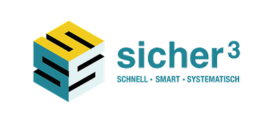 Dreidimensionales Würfellogo mit den Buchstaben S und sicher hoch 3, darunter die Wörter Schnell, Smart, Systematisch.