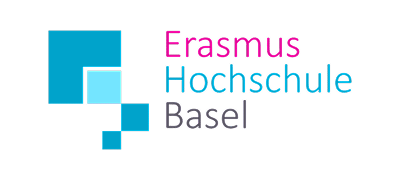 Logo der Erasmus Hochschule Basel mit blauen Quadraten und farbigem Text.