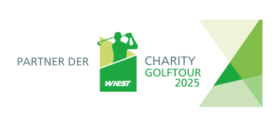 Partner der Charity Golftour 2025 mit grünem Logo und abstraktem grünen Dreiecksmotiv.
