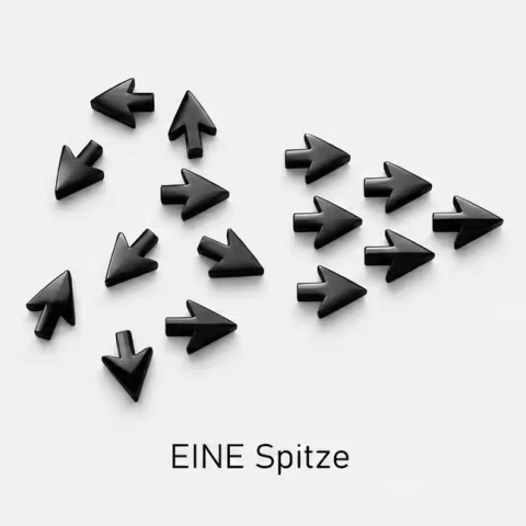 Mehrere schwarze Pfeile zeigen nach rechts, einer nach links, mit Text 'EINE Spitze' darunter.