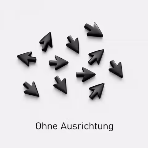 Zehn schwarze Pfeile auf weißem Hintergrund zeigen in unterschiedliche Richtungen, darunter Text "Ohne Ausrichtung".