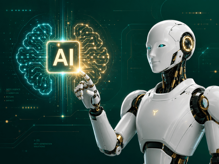 Futuristischer Roboter berührt ein leuchtendes KI-Symbol vor einem digitalen Hintergrund in Grün- und Goldtönen.
