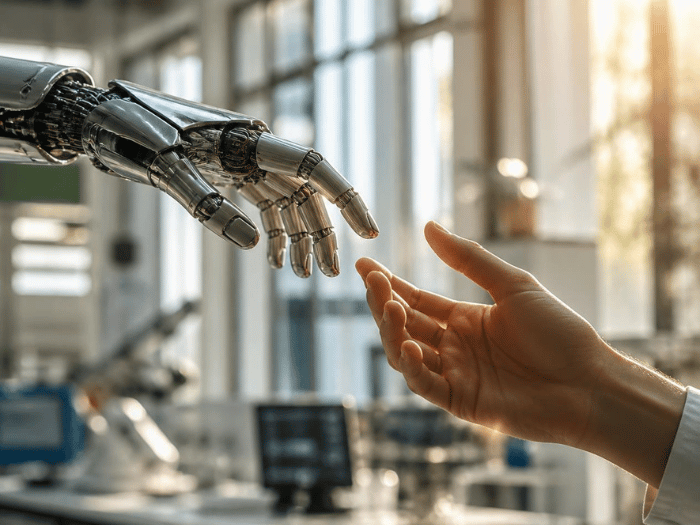 Eine Roboterhand und eine menschliche Hand bewegen sich in einer modernen industriellen Umgebung aufeinander zu.