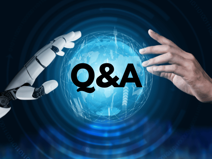 Roboterhand und menschliche Hand umrahmen eine leuchtende digitale Weltkugel mit der Aufschrift „Q&A“