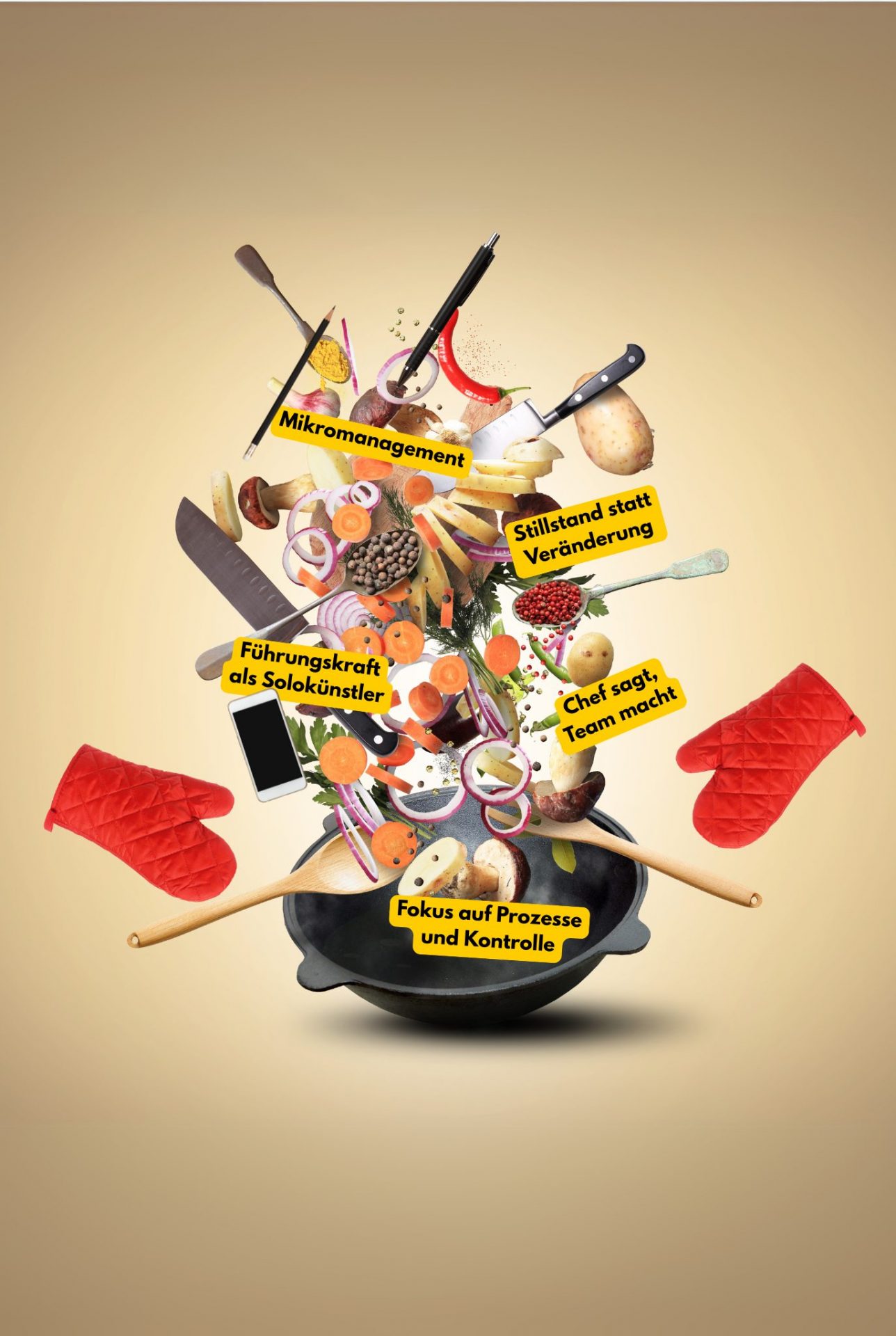 Illustration eines Kochtopfs mit herumfliegenden Zutaten, Werkzeugen und Begriffen wie „Mikromanagement“, „Stillstand statt Veränderung“ und „Fokus auf Prozesse und Kontrolle“.