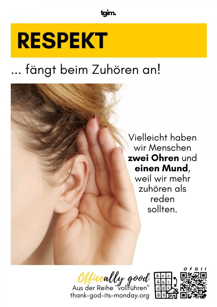 Grafik zum Thema Respekt mit einem Ohrmotiv und der Botschaft, dass respektvolle Kommunikation beim Zuhören beginnt.