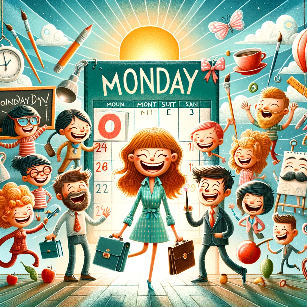 Illustration mit fröhlichen Menschen vor einem großen Monday-Kalender als Symbol für Motivation, positive Arbeitskultur und „Bock auf Montag“.