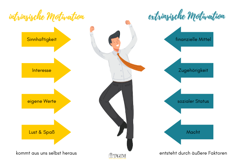 Grafik vergleicht intrinsische Motivation durch Sinnhaftigkeit, Interesse, eigene Werte und Spaß mit extrinsischer Motivation durch Geld, Zugehörigkeit, Status und Macht.