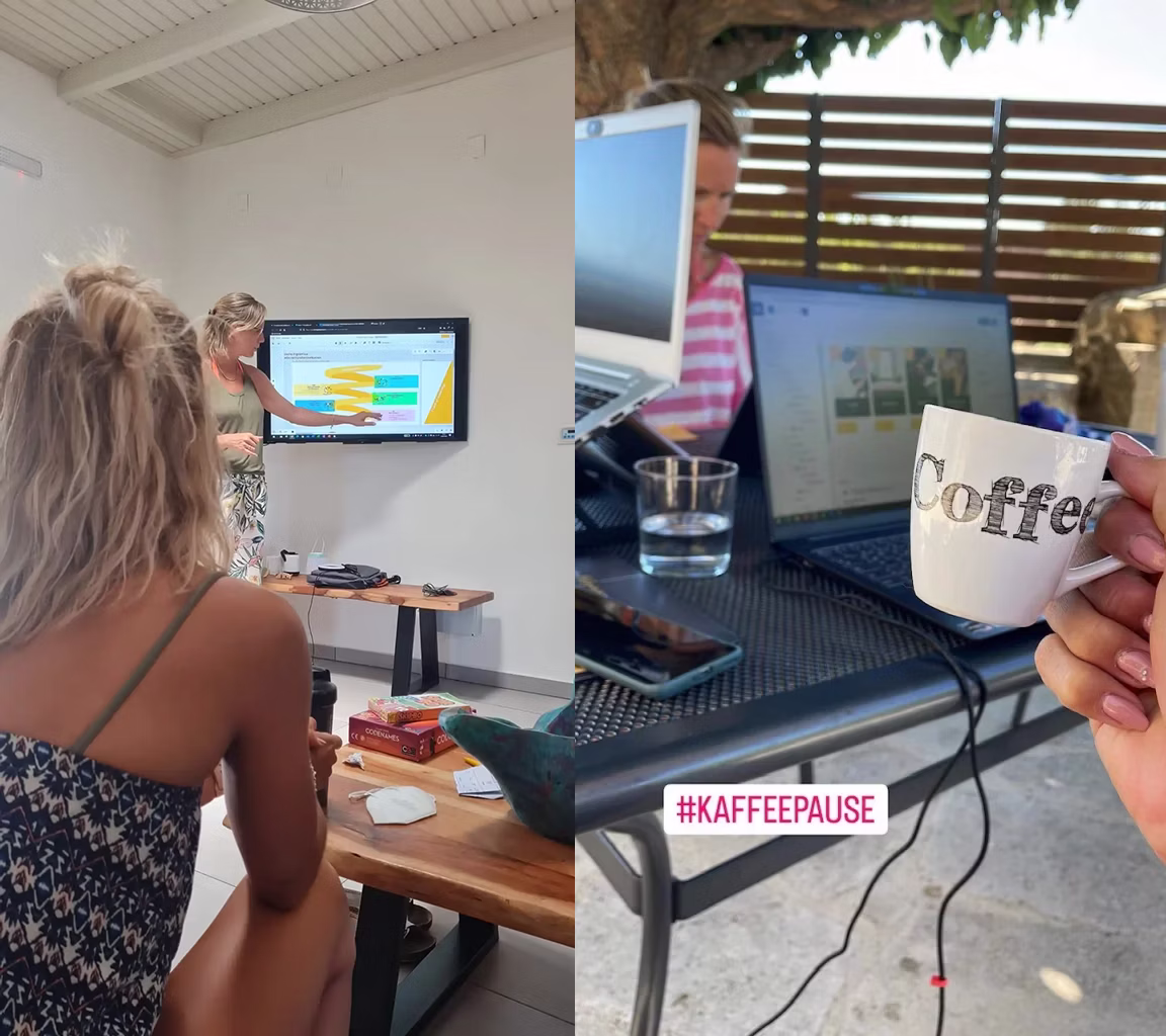Collage aus Workshop-Situation und Kaffeepause mit Laptop, Präsentation und Kaffeetasse.