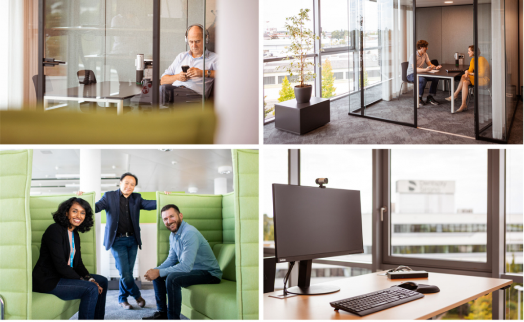 Vier Bilder zeigen Büroräume mit Meetingbereichen, Mitarbeitenden und einem Arbeitsplatz für digitale Zusammenarbeit.