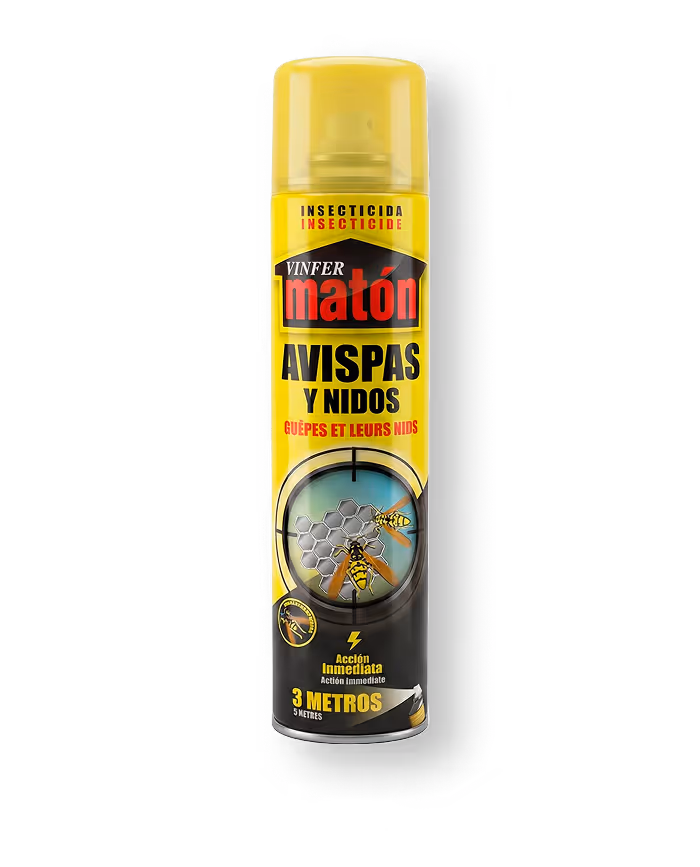 Aerosol amarillo Vinfer Matón para eliminar avispas y nidos con acción inmediata hasta 3 metros.