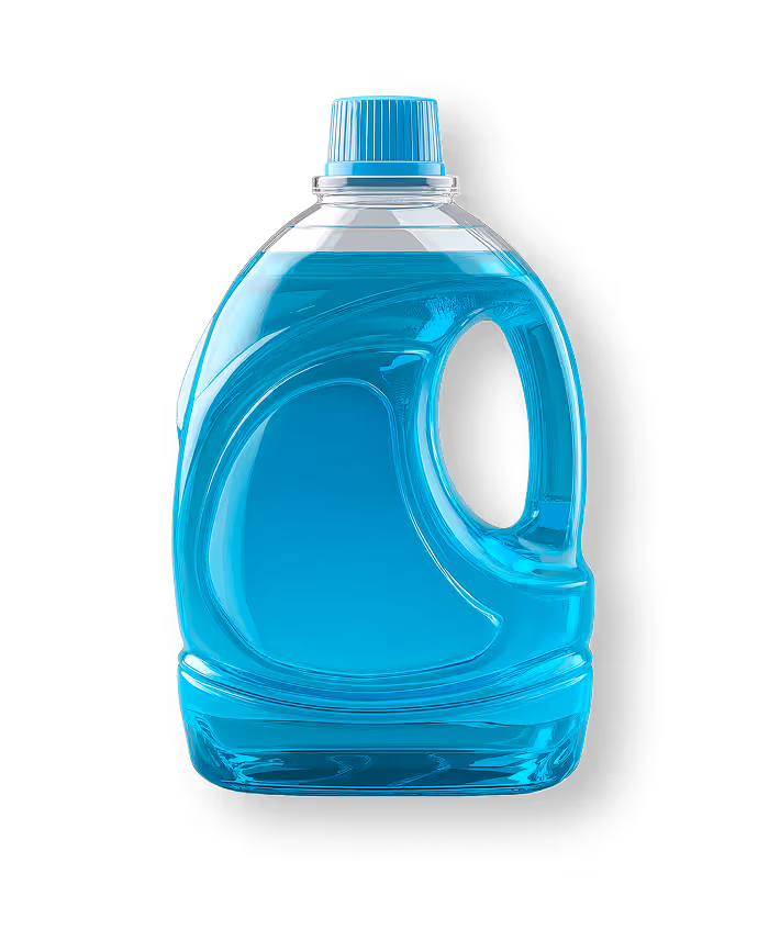 Botella plástica azul translúcida con tapa y asa integrada, usada comúnmente para detergente o productos de limpieza.