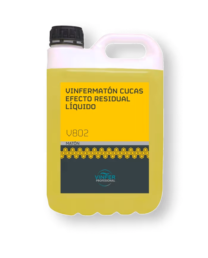 Envase de plástico amarillo con etiqueta que dice Vinfermatón cucas efecto residual líquido V802.