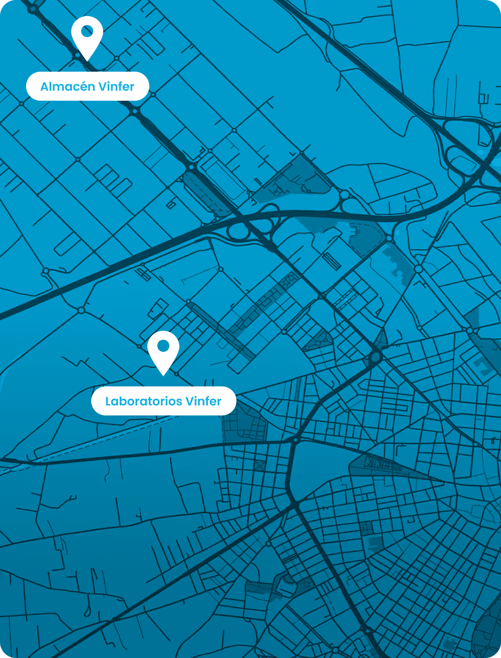 Mapa urbano estilizado en azul que muestra la ubicación de Almacén Vinfer en la parte superior y Laboratorios Vinfer en el centro inferior.