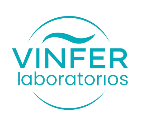 Logotipo de Vinfer laboratorios con texto en color turquesa y un diseño de onda encima.