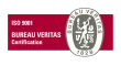 Sello de certificación ISO 9001 de Bureau Veritas con fondo negro y detalles en rojo y blanco.