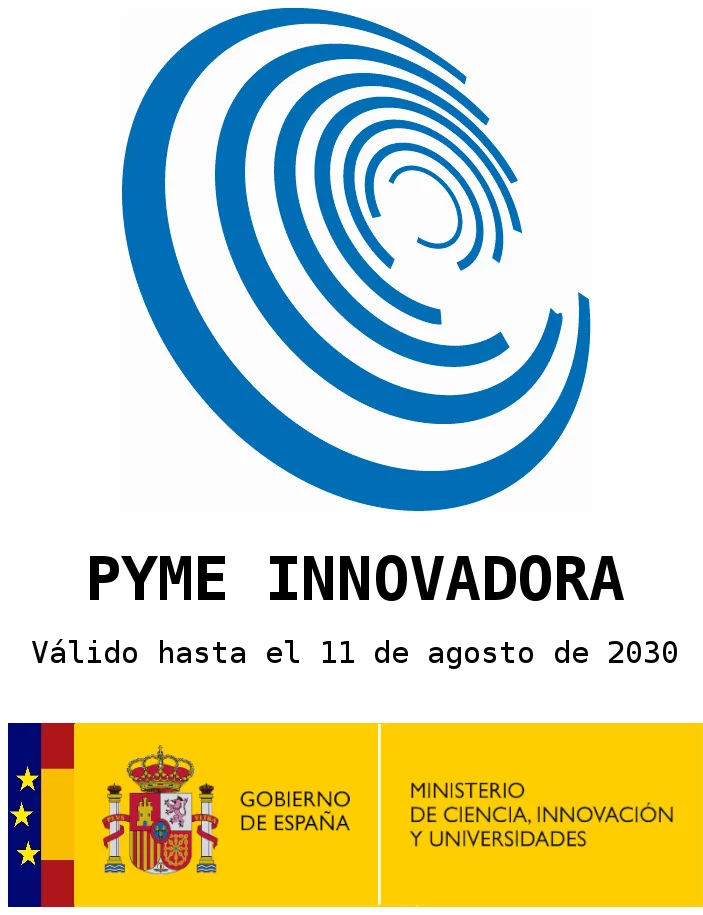 Certificado con logo azul de círculos concéntricos y texto Pyme Innovadora, válido hasta el 11 de agosto de 2030, con emblemas del Gobierno de España y Ministerio de Ciencia, Innovación y Universidades.