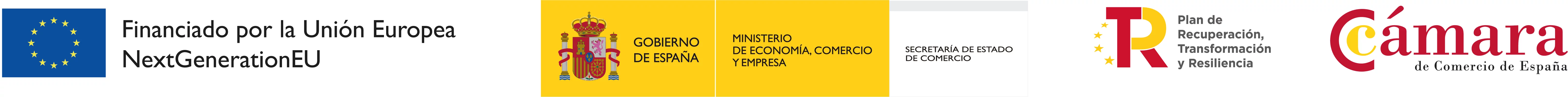 Banderas y logotipos del financiamiento de la Unión Europea NextGenerationEU, Gobierno de España, Ministerio de Economía, Comercio y Empresa, Secretaría de Estado de Comercio, Plan de Recuperación, Transformación y Resiliencia, y Cámara de Comercio de España.