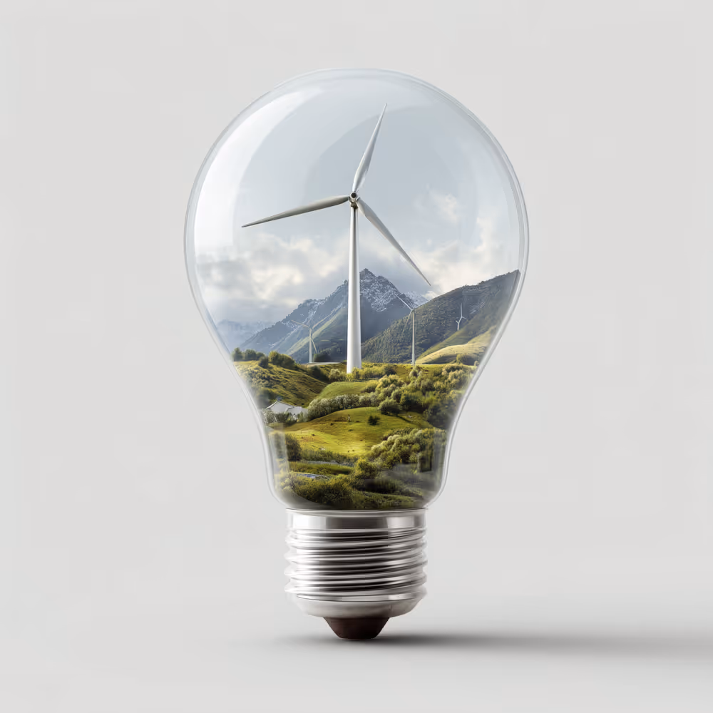 Bombilla transparente que contiene un paisaje con molinos de viento, colinas verdes y montañas al fondo.