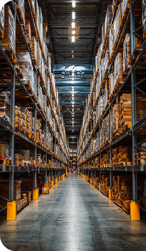 Pasillo ordenado en un almacén con estantes altos llenos de cajas marrones apiladas hasta el techo.