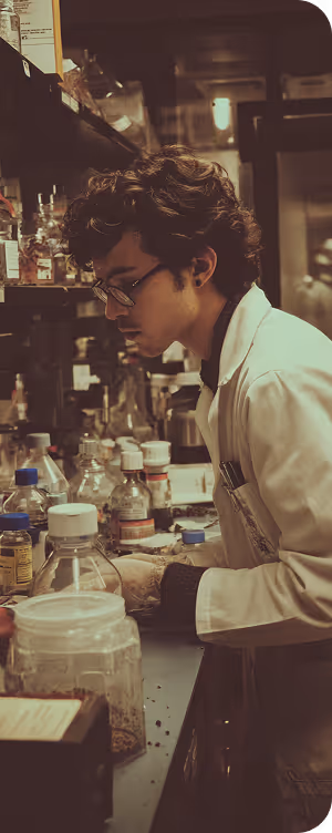 Joven científico con bata y gafas trabajando cuidadosamente en un laboratorio con frascos y sustancias químicas.