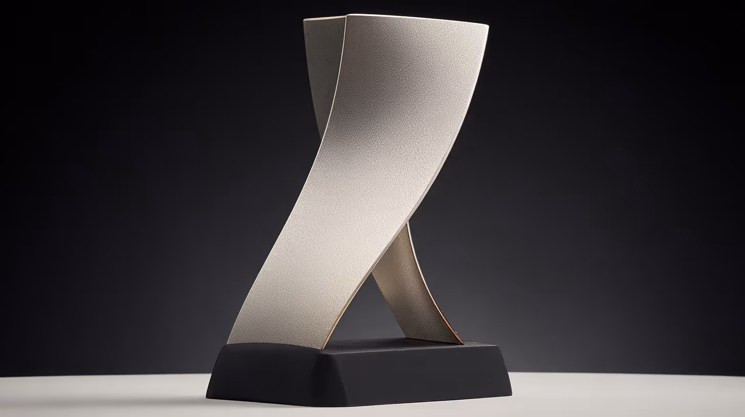 Trofeo moderno con forma curva plateada sobre base negra.