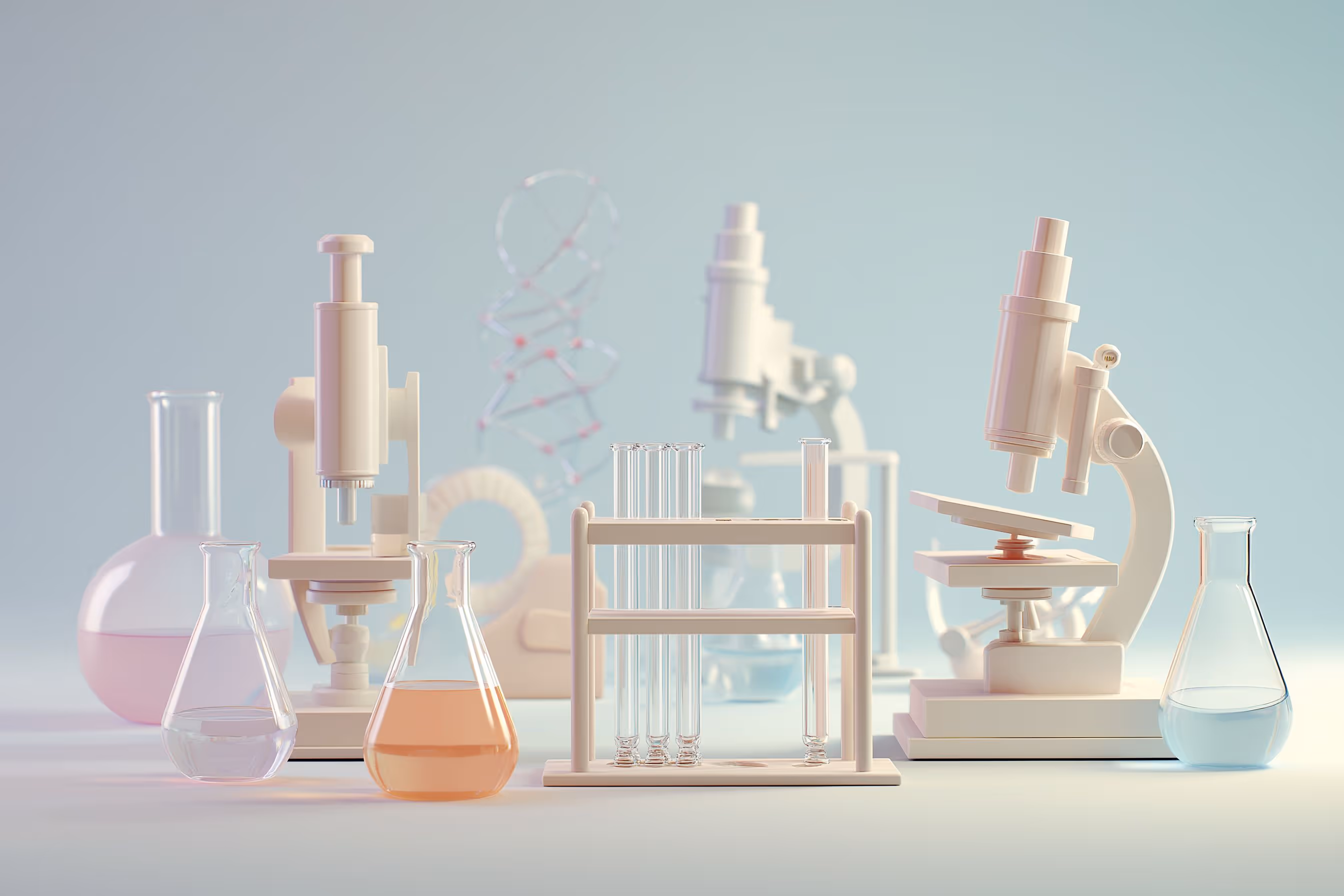 Balanza de laboratorio con tubos de ensayo y matraces con líquidos de colores junto a microscopios y modelo de ADN.