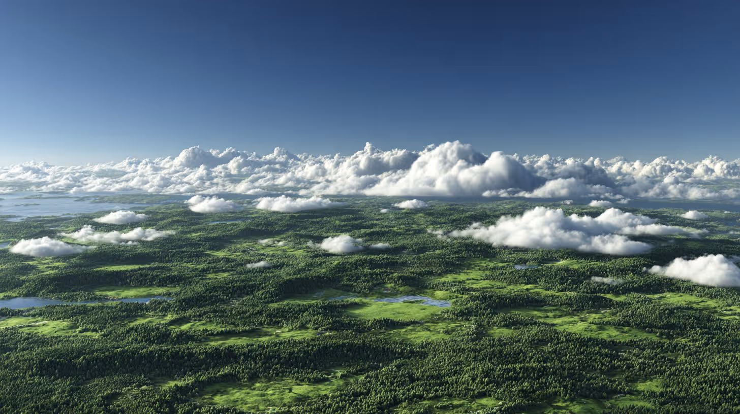 Vista aérea de un paisaje verde con bosques, lagos y nubes dispersas bajo un cielo azul claro.