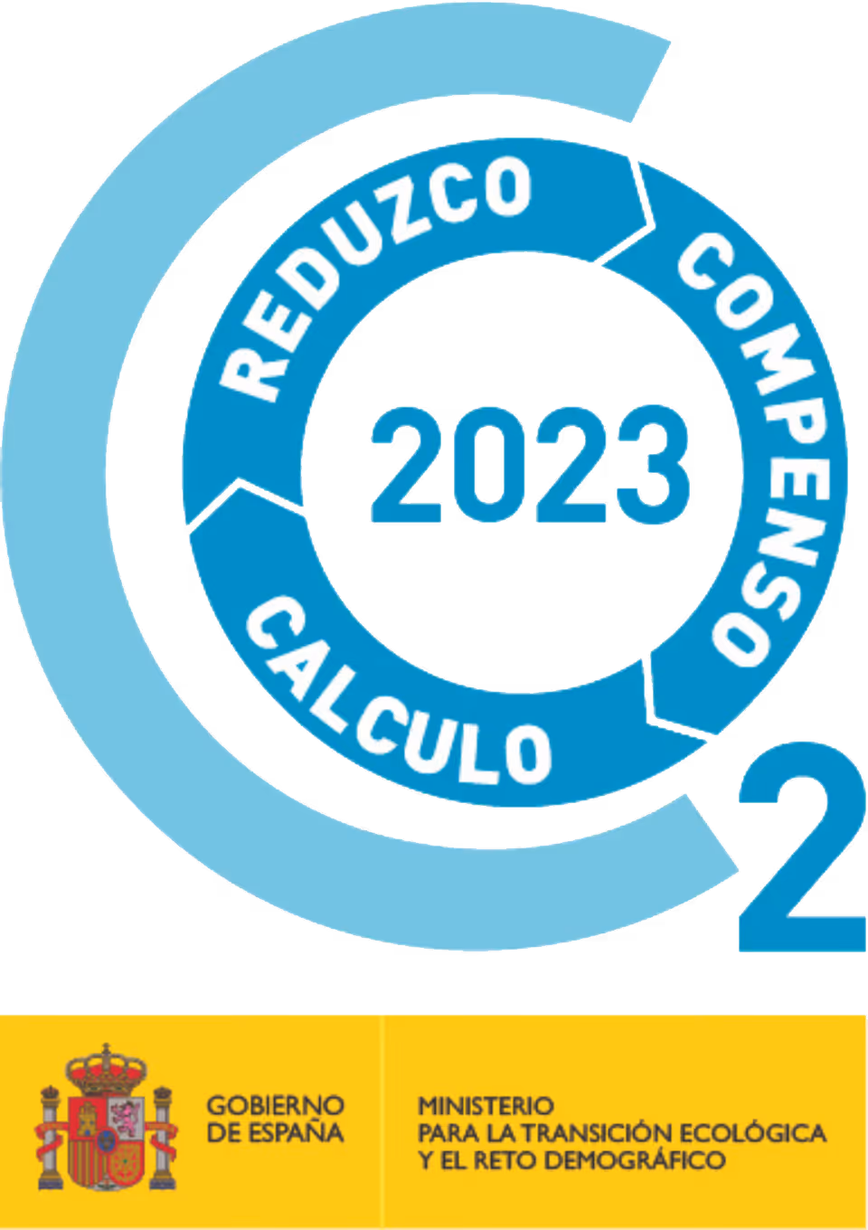 Logotipo del Gobierno de España con el texto Ministerio para la Transición Ecológica y el Reto Demográfico, y gráfico circular azul con las palabras Reduczo, Compenso, Calculo alrededor del número 2023 y el número 2.