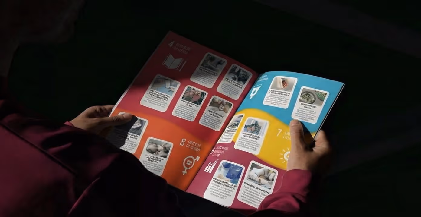 Persona sosteniendo una revista abierta con páginas de fondo colorido que muestran varias imágenes y texto.