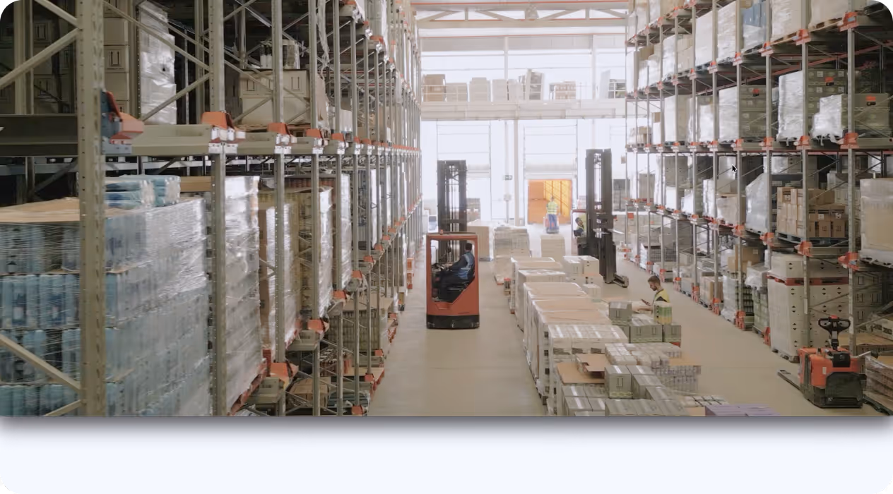 Interior view of a large warehouse with tall shelves full of boxes and pallets, with workers and forklifts moving merchandise.