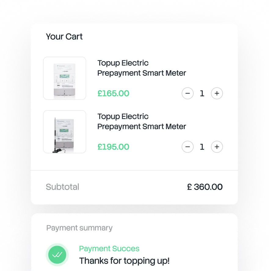 Shopping cart showing two Topup Electric Prepayment Smart Meters priced at £165 and £195 with a subtotal of £360, and a payment success message saying Thanks for topping up.