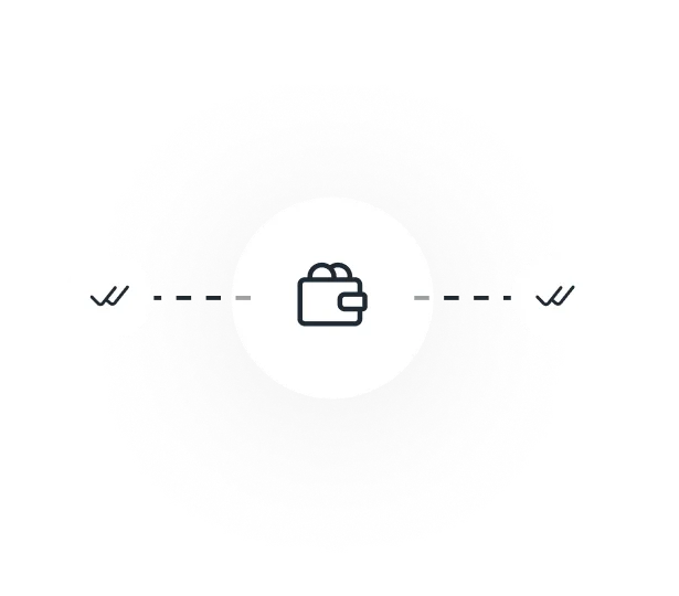 A central icon of a wallet with coins surrounded by two checkmark icons on either side connected by dashed lines.