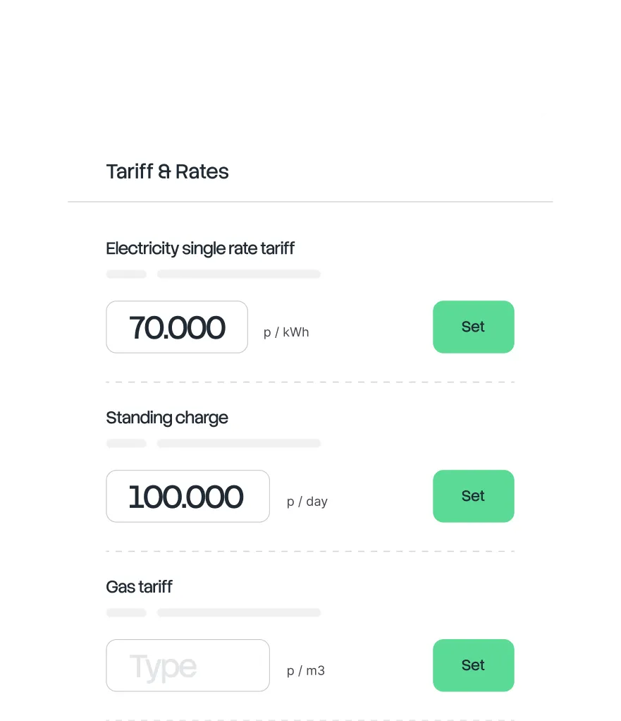 Tariff and Rates panel showing electricity single rate tariff at 70.000 p/kWh, standing charge at 100.000 p/day, and an input for gas tariff price per m3 with Set buttons next to each.