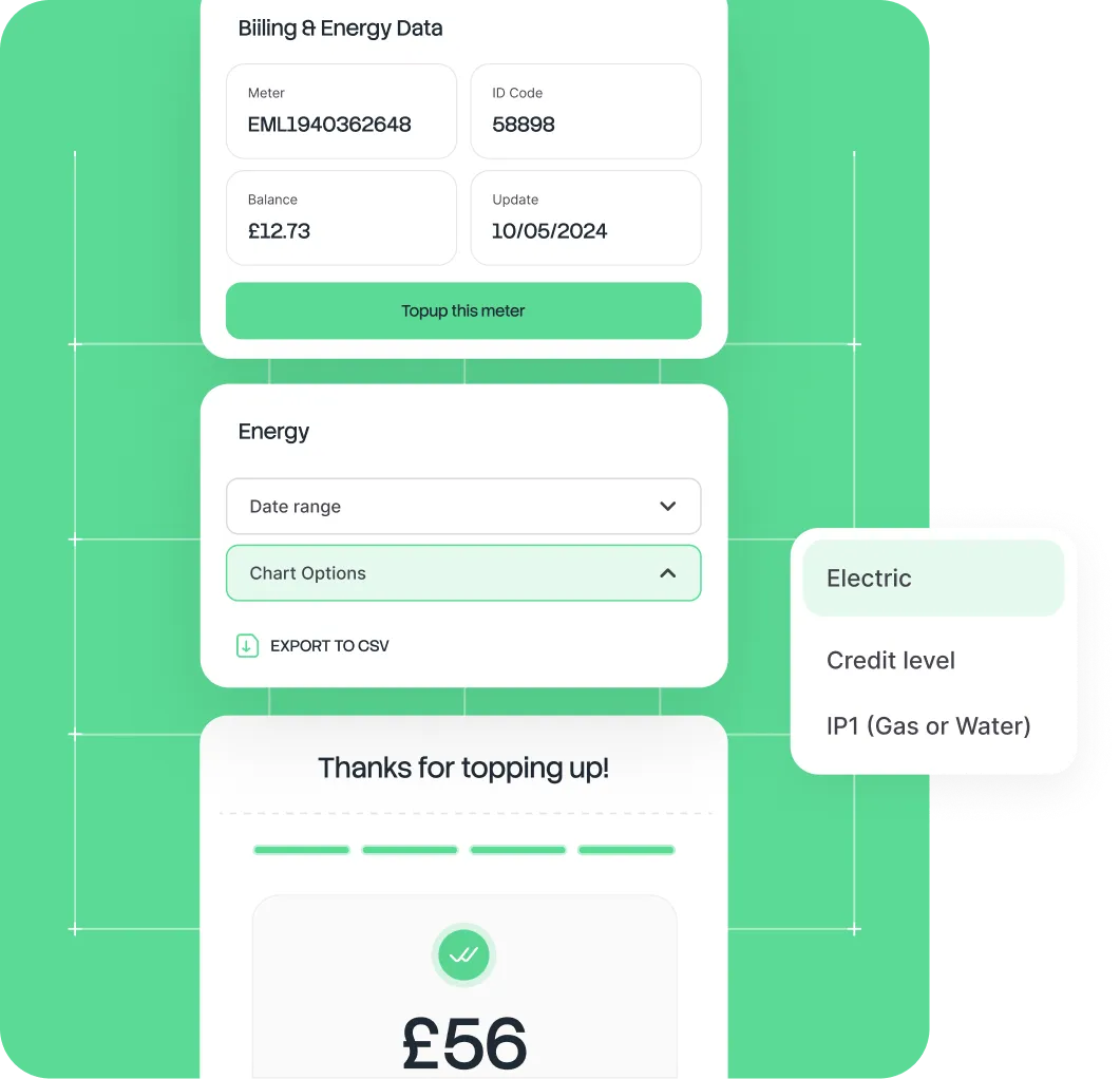 User interface showing billing and energy data with meter number, ID code, balance of £12.73, update date of 10/05/2024, options to top up meter and export chart data.