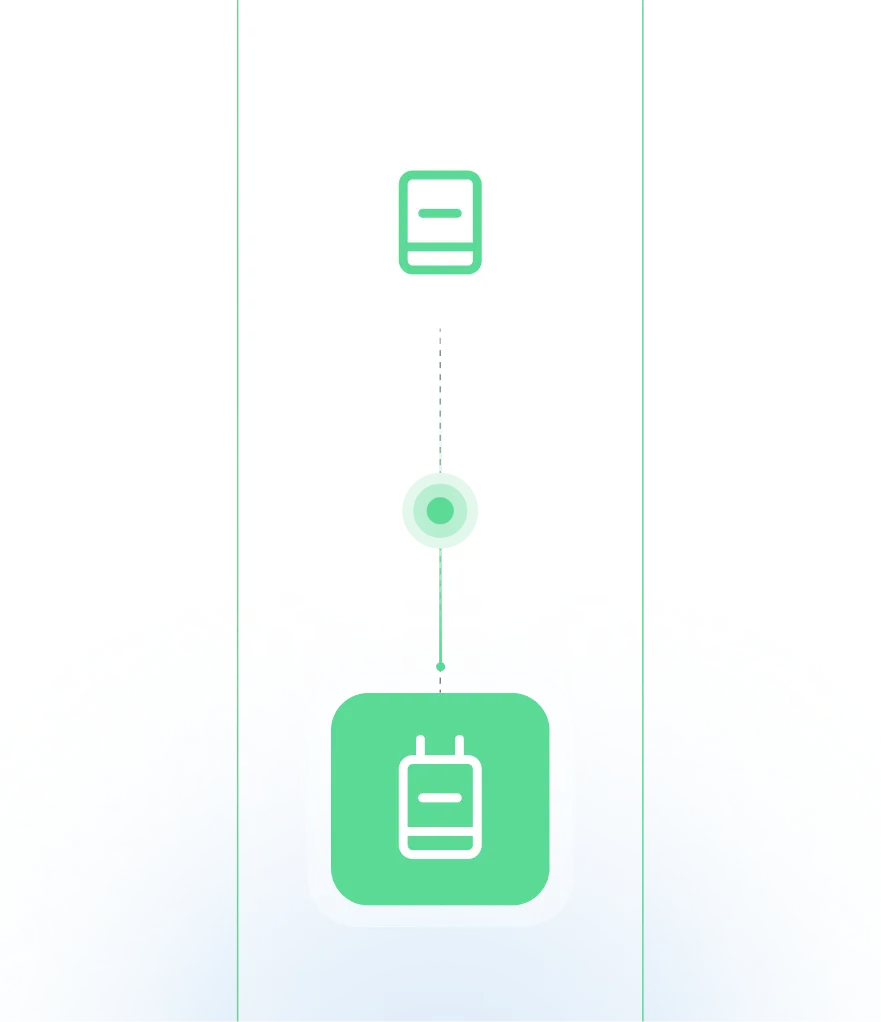 Diagram illustrating connection from a server icon at the top to a larger server icon enclosed in a rounded green square at the bottom.