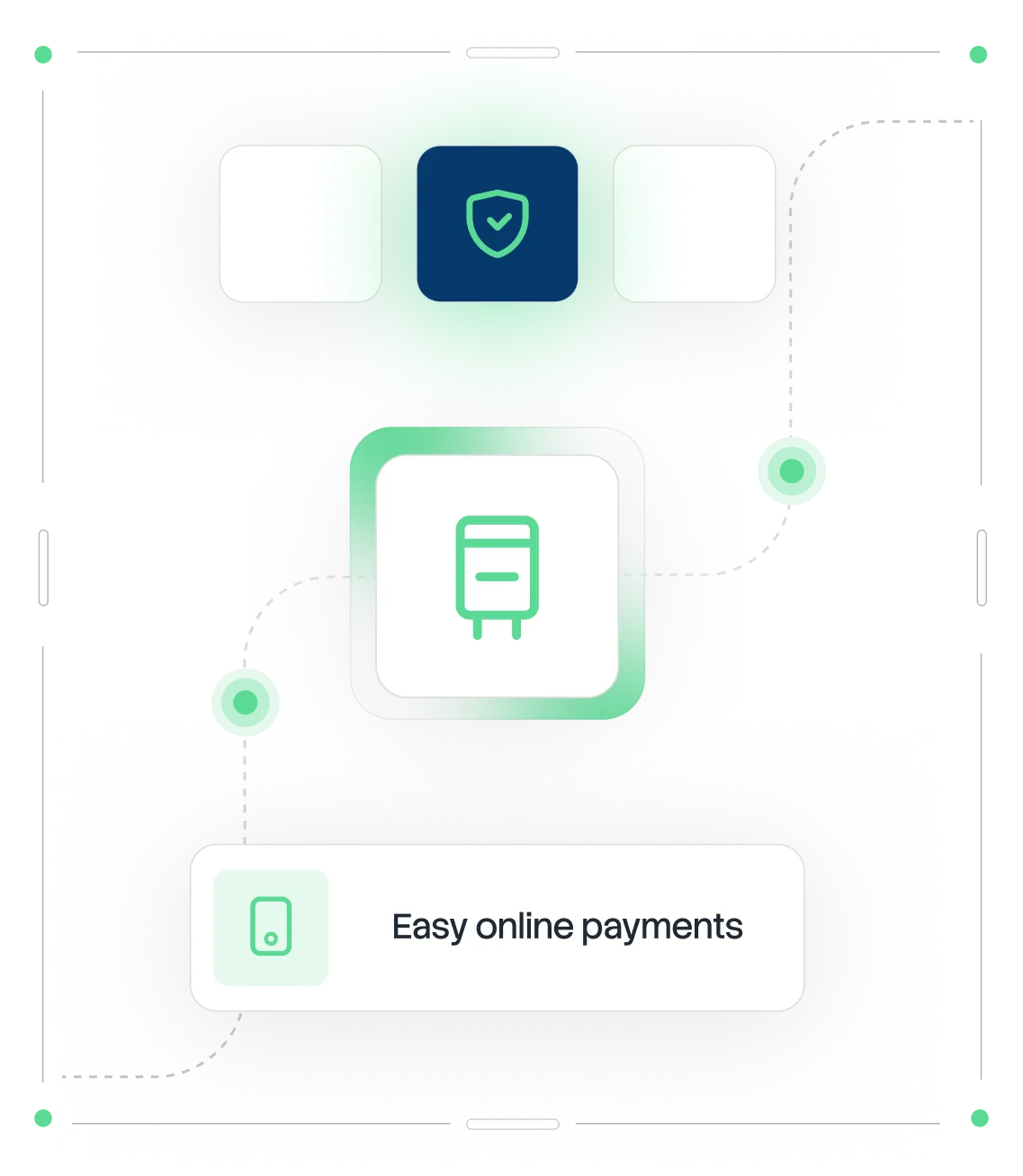 Abstract design with green gradient circles overlapping white grid lines on a black background.