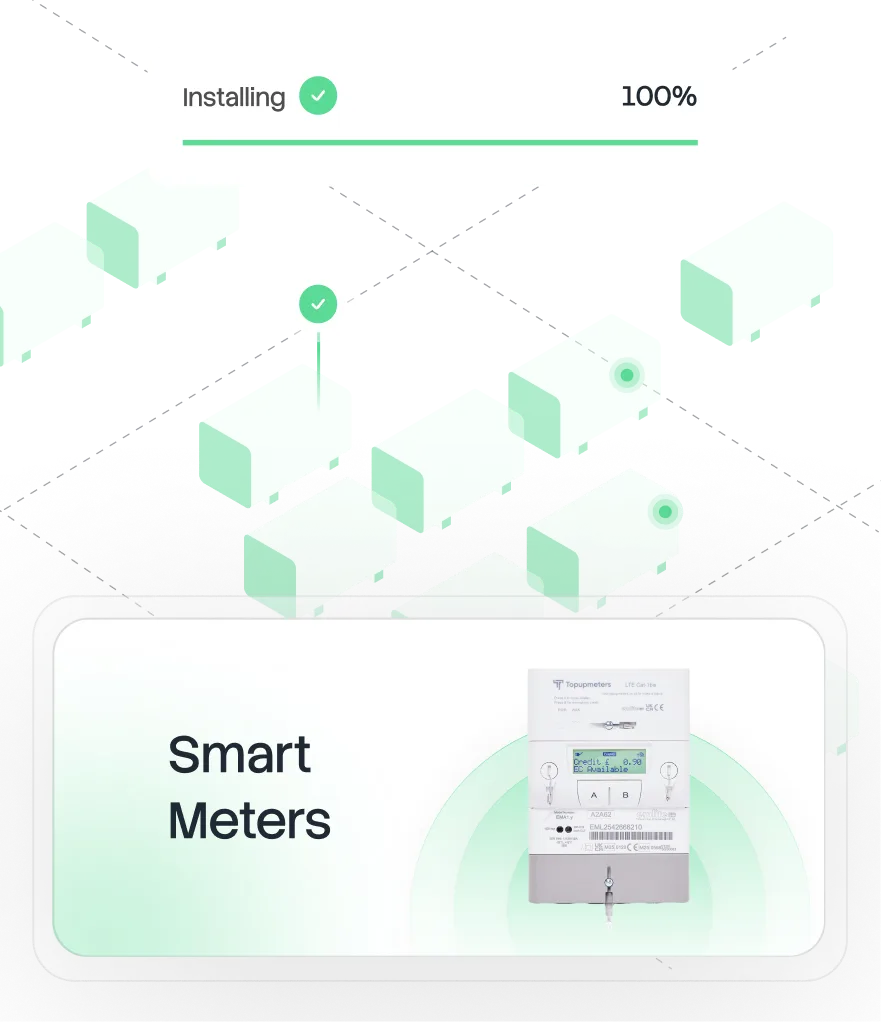 Smart meter device with a display showing credit and availability, above a progress bar indicating installation at 100%.
