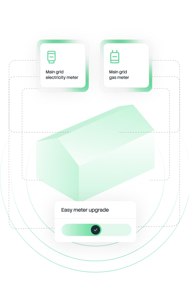 Interface showing options for main grid electricity meter and main grid gas meter with an easy meter upgrade toggle switch enabled.