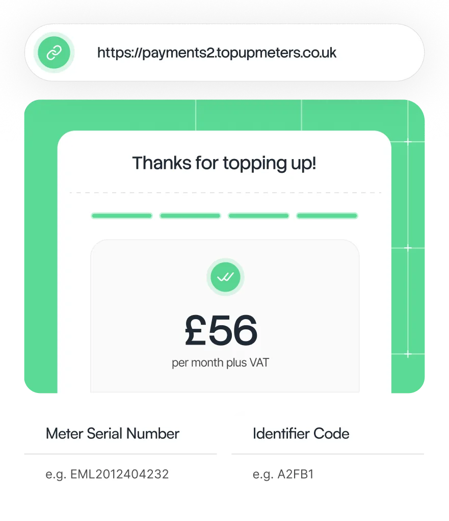 Screenshot of a payment confirmation page showing 'Thanks for topping up!' and a charge of £56 per month plus VAT, with example fields for meter serial number and identifier code.