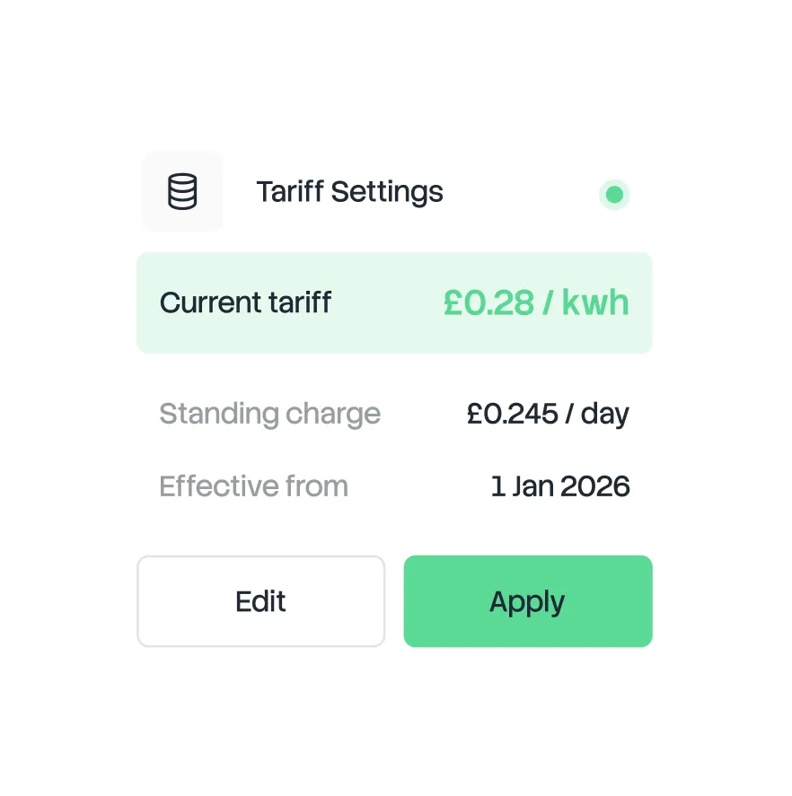 Tariff settings panel showing current tariff at £0.28 per kwh, standing charge at £0.245 per day, effective from 1 Jan 2026, with Edit and Apply buttons.